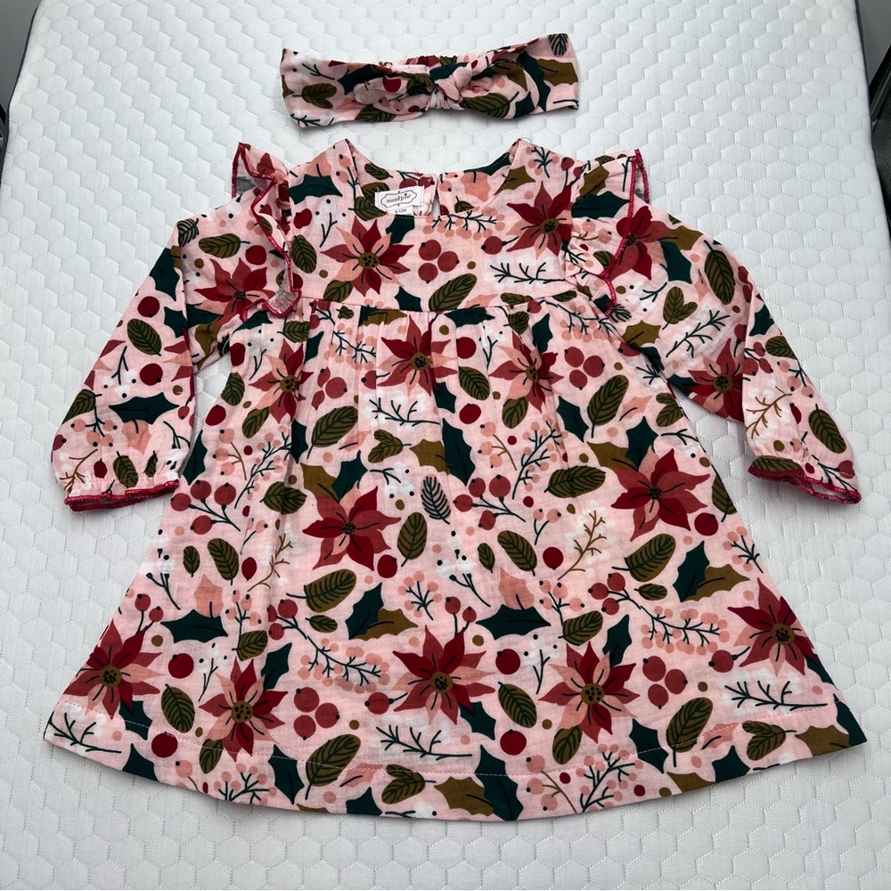 Mud Pie Pink Floral Holiday Dress with Headband